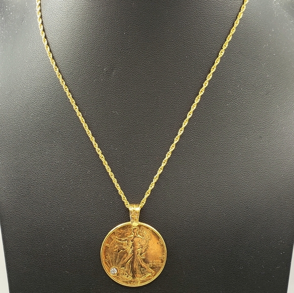 1945 Walking Liberty Half Dollar Pendant with Crystal & Chain - Picture 2 of 8